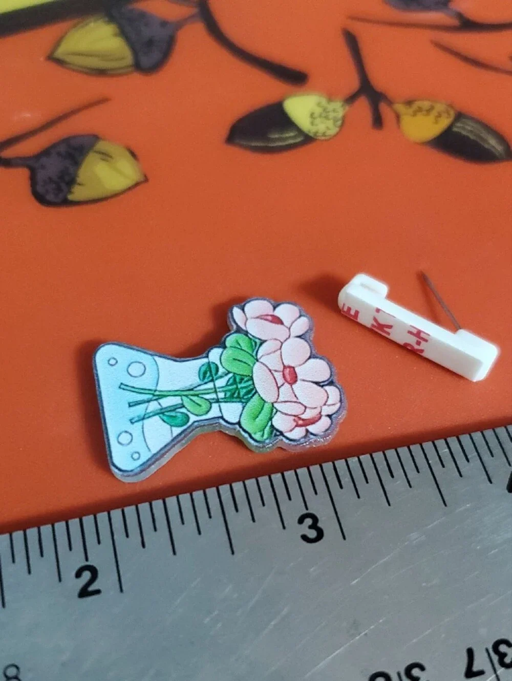 Floral Beaker Acrylic Pin - Pink Flowers & Green Leaves